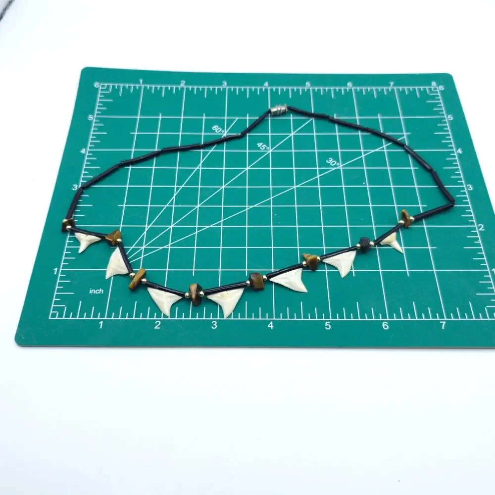 Vintage Shark Tooth Black Coral Tigers Eye Beaded Necklace 19